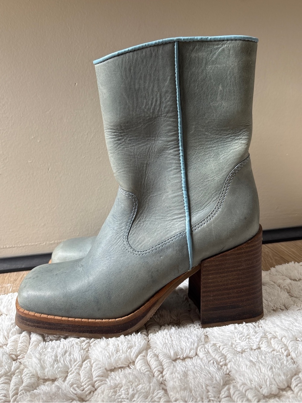 Vintage 90s Connie Too Platform Boots Size 8.5 - Blue Leather & Chunky Wood Heel - Picture 4 of 15